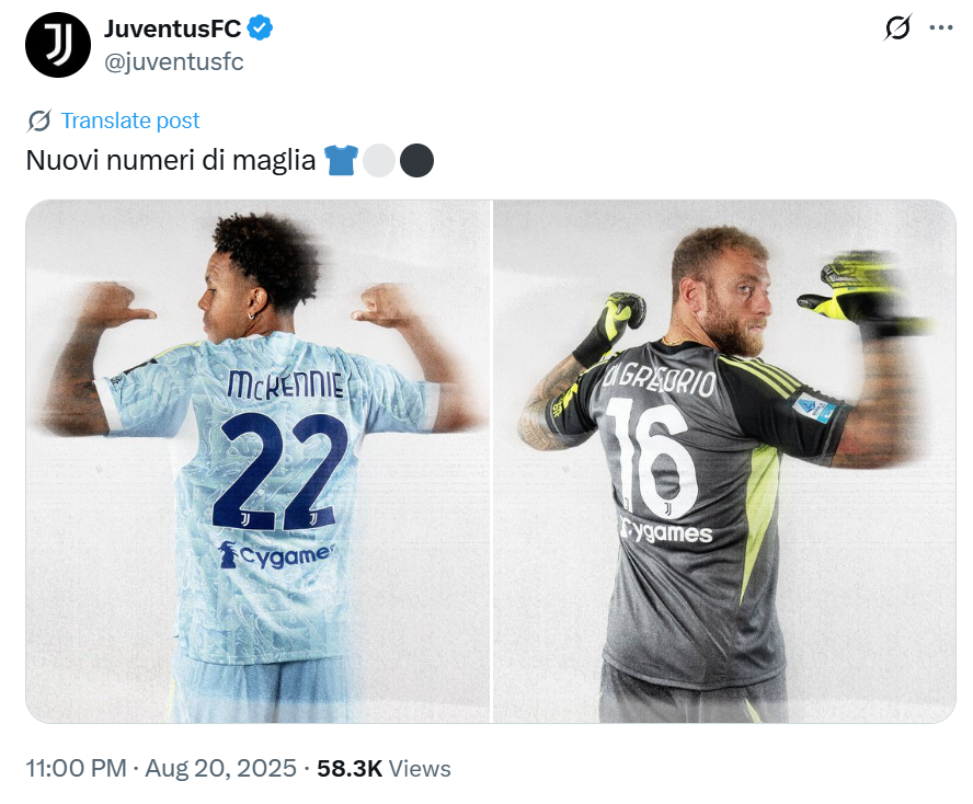 b体育-尤文官方：麦肯尼新赛季号码变更至22号，迪格雷戈里奥变更至16号